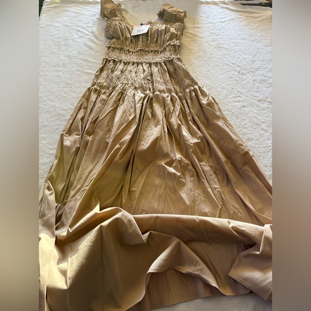 Anne Klein Desert Tan Smocked Flutter Sleeves Maxi Dress 2 NWT